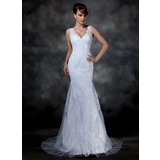 Mermaid V-neck Sweep Train Satin Tulle Wedding Dress With Lace (002004597)