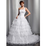 Ball-Gown One-Shoulder Court Train Organza Satin Wedding Dress With Lace Sequins (002014750)
