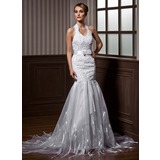 Mermaid Halter Court Train Organza Charmeuse Wedding Dress With Lace Sashes Beadwork (002012739)