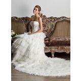 Ball-Gown Strapless Chapel Train Satin Tulle Wedding Dress With Ruffle Lace Beadwork Sequins (002013805)