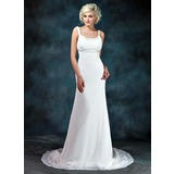 Empire Scoop Neck Court Train Chiffon Wedding Dress With Ruffle Beadwork (002001673)