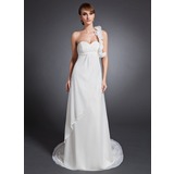 Empire One-Shoulder Court Train Chiffon Wedding Dress With Ruffle Beadwork Flower(s) (002015079)
