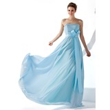 A-Line/Princess Strapless Floor-Length Chiffon Satin Evening Dress With Ruffle Beading Crystal Brooch (017013770)