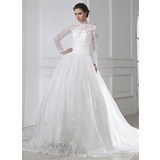 Ball-Gown High Neck Chapel Train Satin Tulle Wedding Dress With Ruffle Lace Beadwork (002015462)