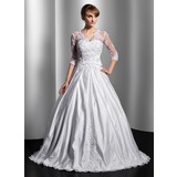 Ball-Gown V-neck Sweep Train Satin Tulle Wedding Dress With Lace Beadwork Sequins (002014755)