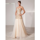 A-Line/Princess Sweetheart Court Train Organza Satin Wedding Dress With Beadwork (002014432)