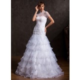 A-Line/Princess High Neck Floor-Length Organza Tulle Wedding Dress With Lace Beadwork (002015170)