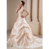 Ball-Gown Halter Cathedral Train Satin Wedding Dress With Embroidery Beadwork (002000678)