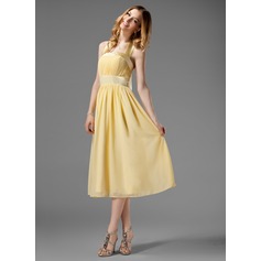 A-Line/Princess Halter Tea-Length Chiffon Bridesmaid Dress With Ruffle Bow(s) (007000956)