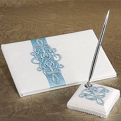 Teal Scroll Wedding Guest Book And Pen Set In White Satin(101018164)