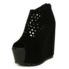 Velvet Wedge Heel Peep Toe Platform Pumps With Zipper Hollow-out (085025155)