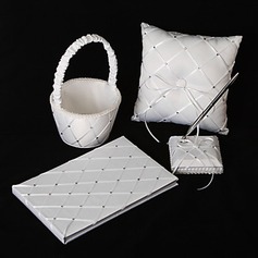Diamond Grid Pattern White Satin Wedding Collection Set (4 Pieces)(100017976)