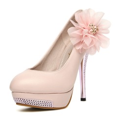 Leatherette Stiletto Heel Closed Toe Platform Pumps With Rhinestone Flower (085024454)