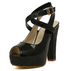 Leatherette Sparkling Glitter Chunky Heel Peep Toe Platform Pumps With Buckle (085025154)