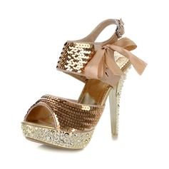 Satin Stiletto Heel Platform Sandals With Sequin Lace-up (087023666)