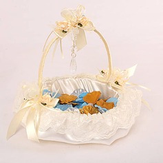 Wedding Flower Girl Basket In Ivory Satin With Lace And Crystal Pendant(102018053)
