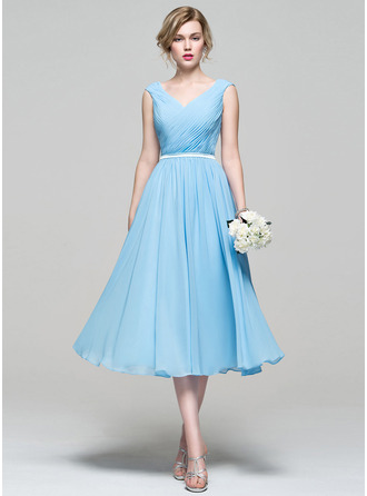 A-Line/Princess V-neck Tea-Length Chiffon Bridesmaid Dress With Ruffle 