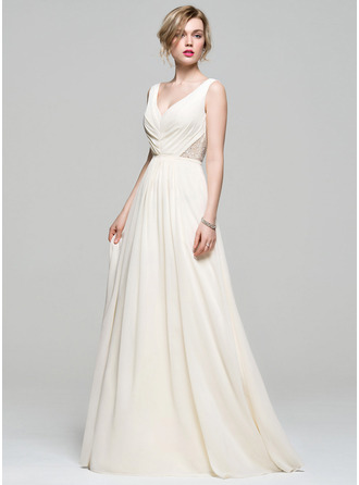 A-Line/Princess V-neck Floor-Length Chiffon Bridesmaid Dress With Ruffle Lace Beading Sequins 