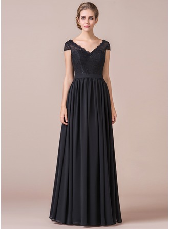 A-Line Cap Sleeve Floor-length Chiffon Bridesmaid Dress With Lace