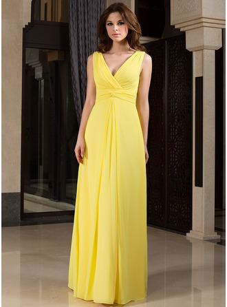 A-Line V-neck Wrapped Bodice Floor-length Chiffon Bridesmaid Dress