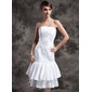 Sheath/Column Strapless Tea-Length Taffeta Tulle Wedding Dress With Lace Beadwork (002024077)