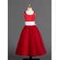 A-Line/Princess Scoop Neck Ankle-Length Satin Tulle Flower Girl Dress With Sash (010005900)