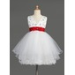 Empire V-neck Knee-Length Satin Tulle Flower Girl Dress With Lace Sash Beading Sequins (010014601)