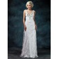 Sheath/Column V-neck Watteau Train Chiffon Tulle Charmeuse Wedding Dress With Ruffle Lace Beadwork (002000229)