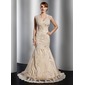 Mermaid V-neck Court Train Satin Tulle Wedding Dress With Lace Beadwork (002014773)