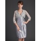 Sheath V-neck Knee-Length Taffeta Mother of the Bride Dress With Lace Beading (008021085)