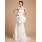 Sheath/Column V-neck Sweep Train Chiffon Satin Wedding Dress With Ruffle Beadwork (002014497)