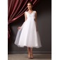 A-Line/Princess V-neck Tea-Length Organza Tulle Wedding Dress With Lace Flower(s) (002014240)