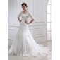 Empire Strapless Chapel Train Satin Tulle Wedding Dress With Lace Beadwork (002011990)
