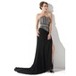 Sheath Scalloped Neck Sweep Train Chiffon Evening Dress With Beading (017005818)