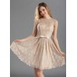 A-Line/Princess Scoop Neck Knee-Length Charmeuse Lace Bridesmaid Dress With Sash (007019660)