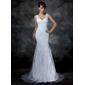 Mermaid V-neck Sweep Train Satin Tulle Wedding Dress With Lace (002004597)