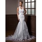 Mermaid Halter Court Train Organza Charmeuse Wedding Dress With Lace Sashes Beadwork (002012739)