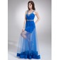 Sheath V-neck Floor-Length Tulle Prom Dress With Ruffle Beading (018021108)