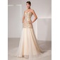 A-Line/Princess Sweetheart Court Train Organza Satin Wedding Dress With Beadwork (002014432)