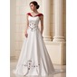 A-Line/Princess Off-the-Shoulder Court Train Satin Wedding Dress With Embroidery Sashes Beadwork Flower(s) (002011760) A-Line/Princess Off-the-Shoulder Court Train Satin Wedding Dress With Embroidery Sashes Beadwork Flower(s) (002011760)