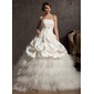 Ball-Gown Scalloped Neck Chapel Train Satin Tulle Wedding Dress With Beadwork Flower(s) (002014861)