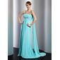 Empire Square Necklin Watteau Train Chiffon Evening Dress With Ruffle Beading (017014806)