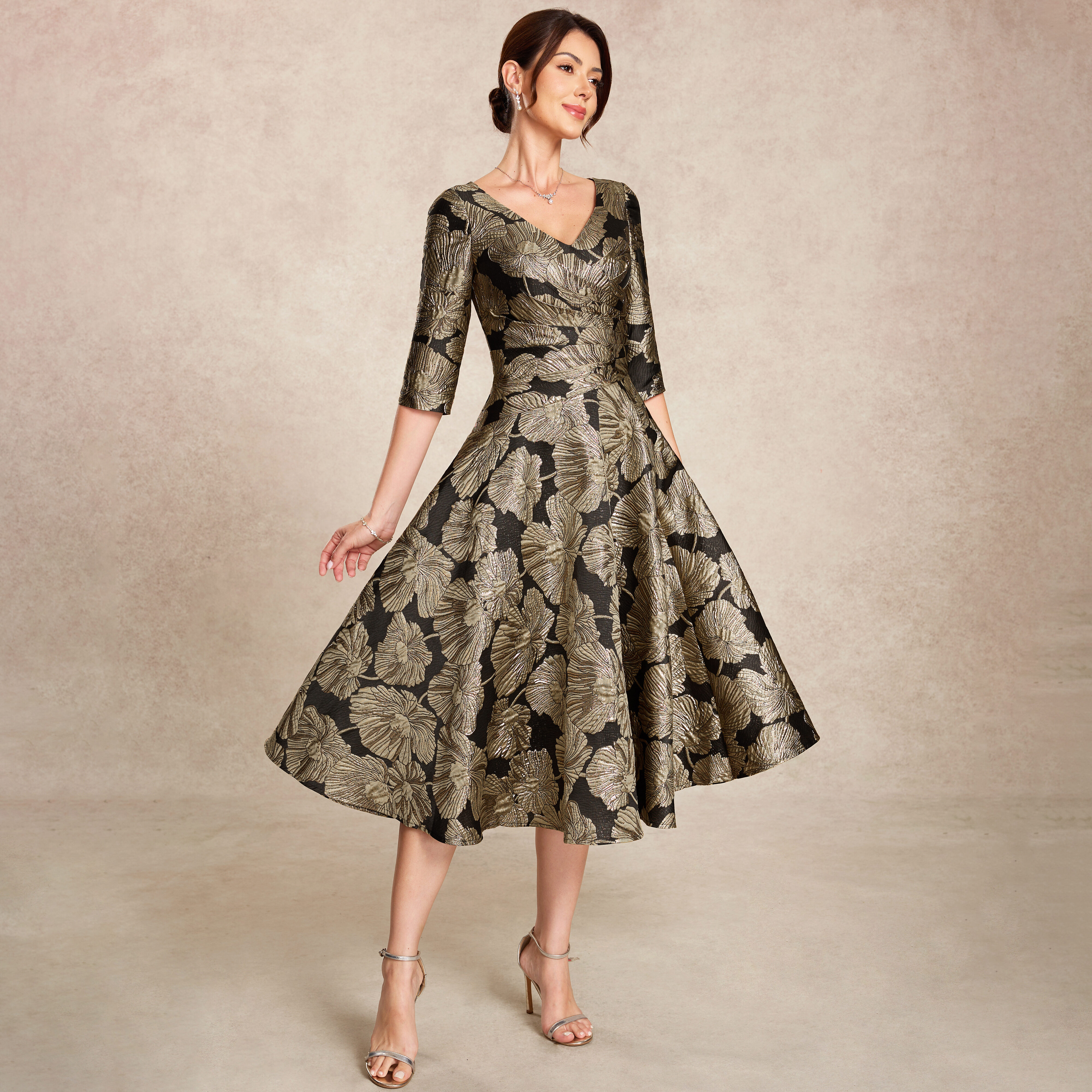 Mercy A-line V-Neck Pleated Jacquard Mother of the Bride Dress