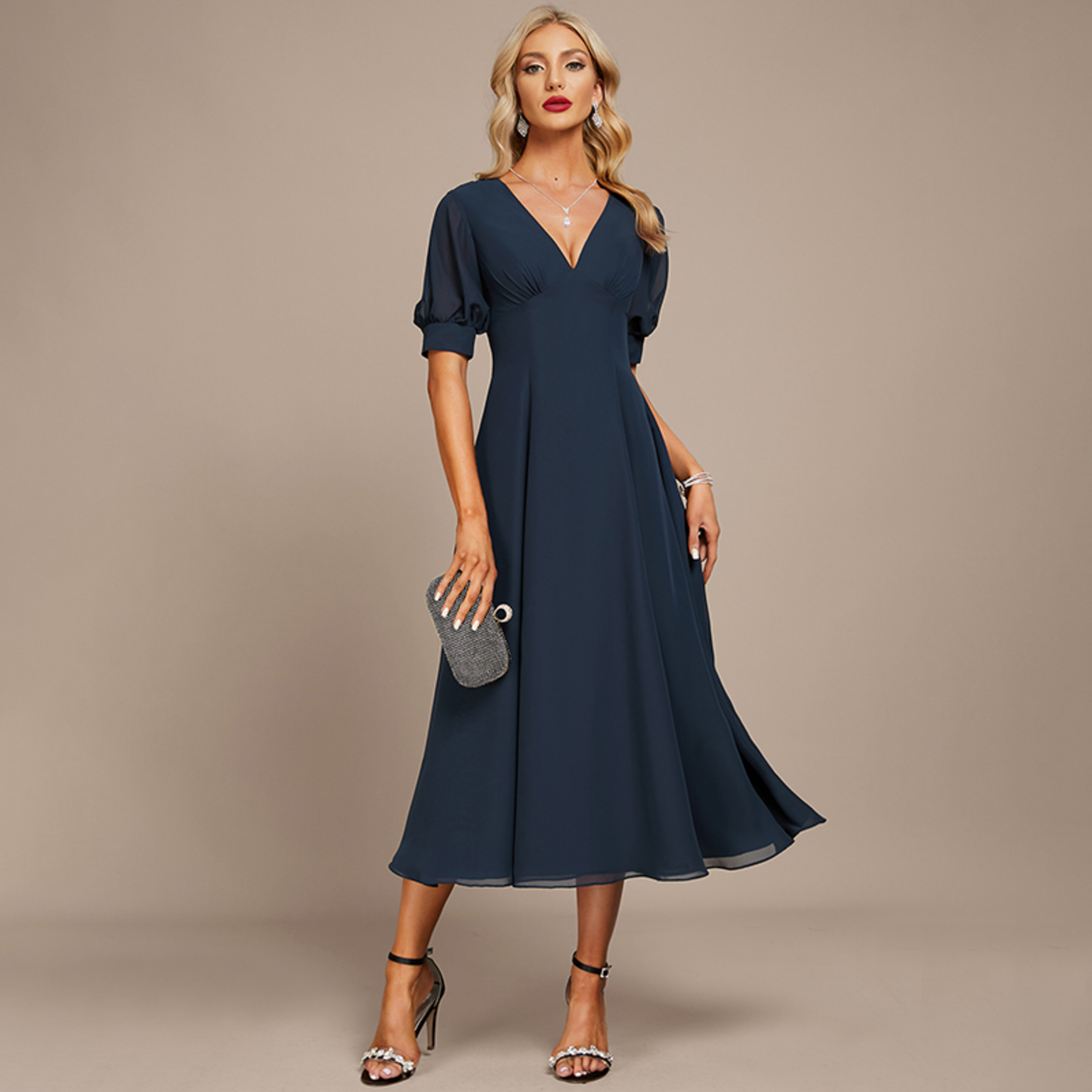 Wioletta Pleated Chiffon Midi Evening Dress | JJ's House