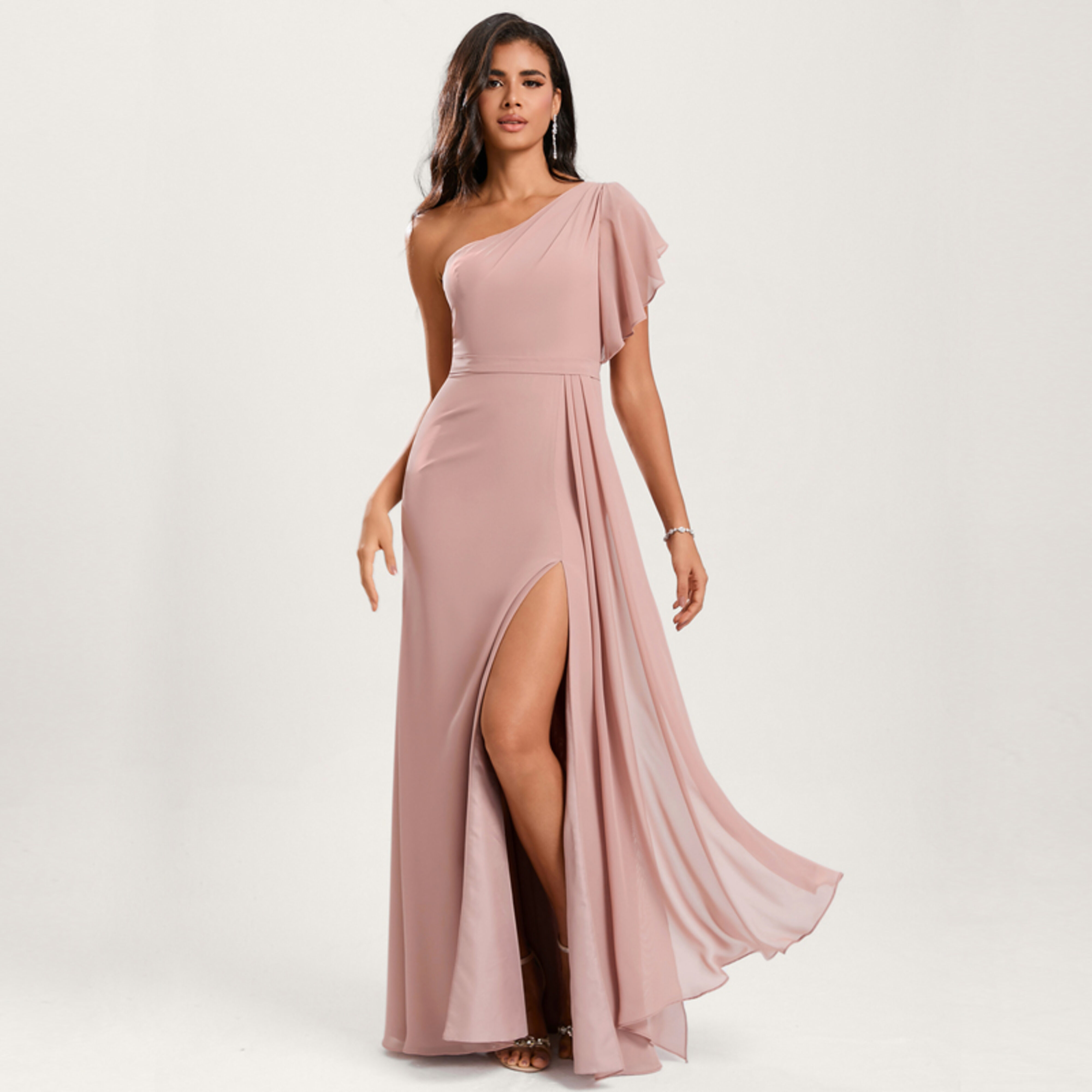 bobbin net one shoulder flange bridesmaid dress Arielle One Shoulder Knee Length Chiffon Bridesmaid Dress