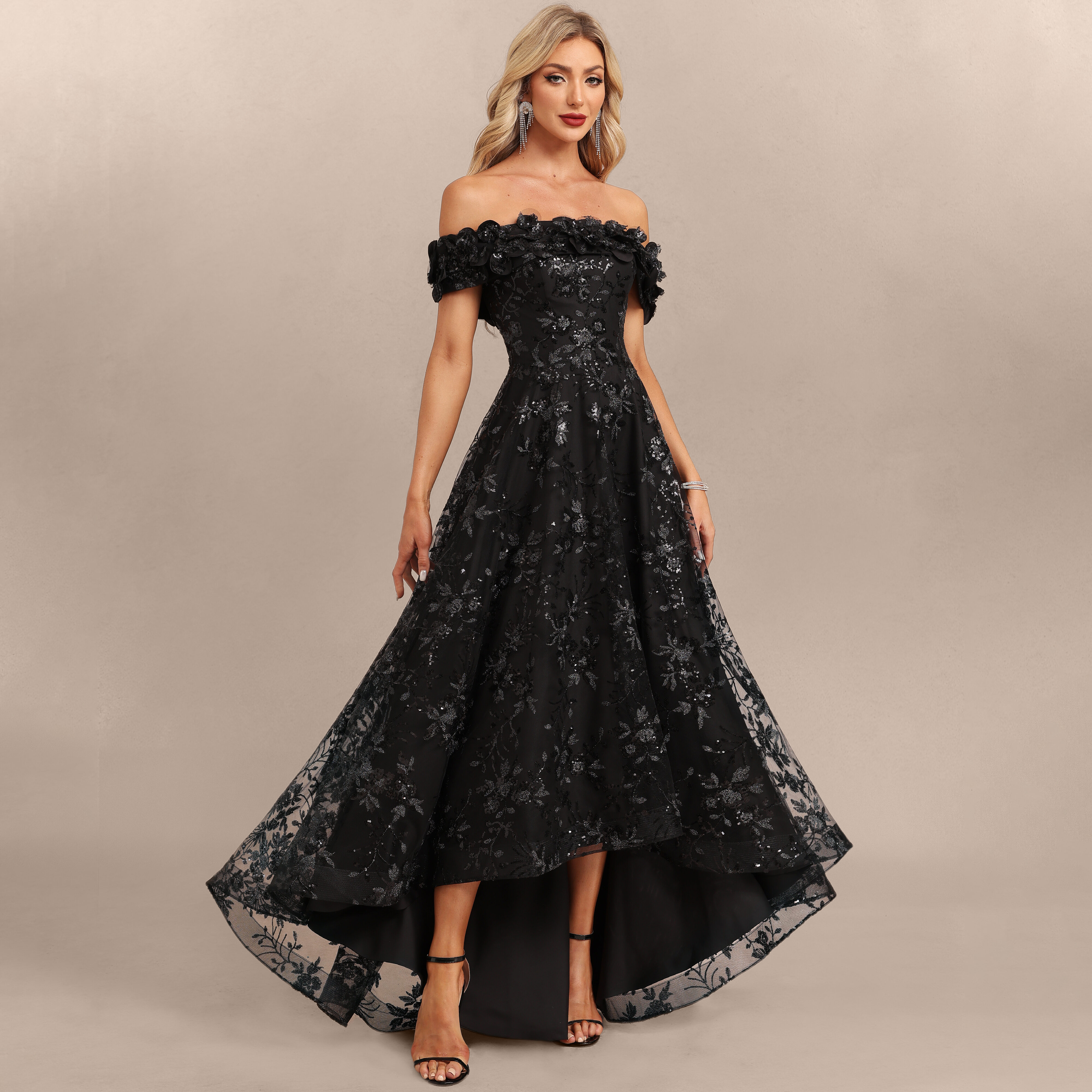 Fraya Off the Shoulder 3D Floral Sequin Maxi Evening Dress | JJ's