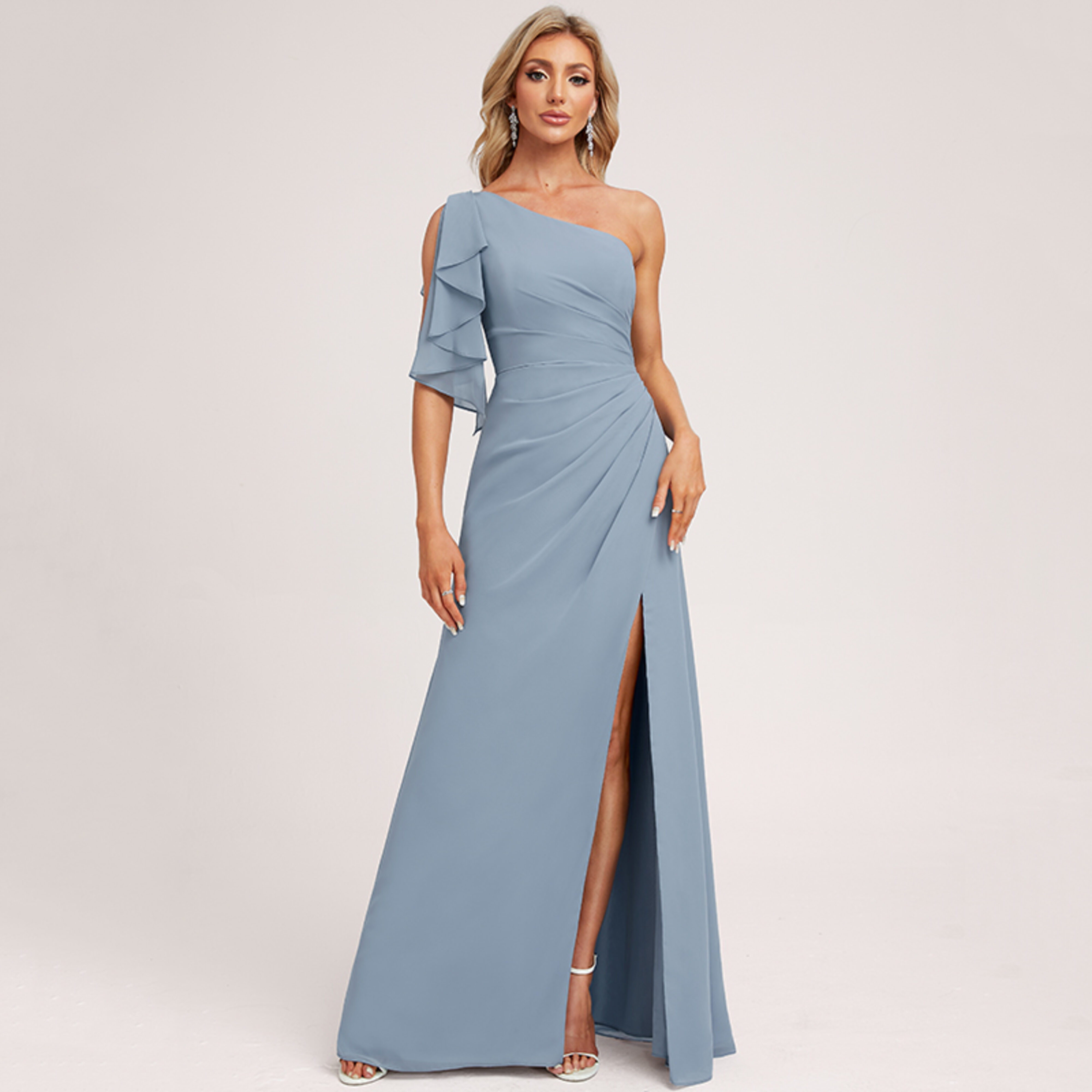 bobbin net one shoulder flange bridesmaid dress Noely A-line Ruffle Chiffon this sophisticated long bridesmaid lace-bodice Pearl Mist Blue Frill Size:19 34/35