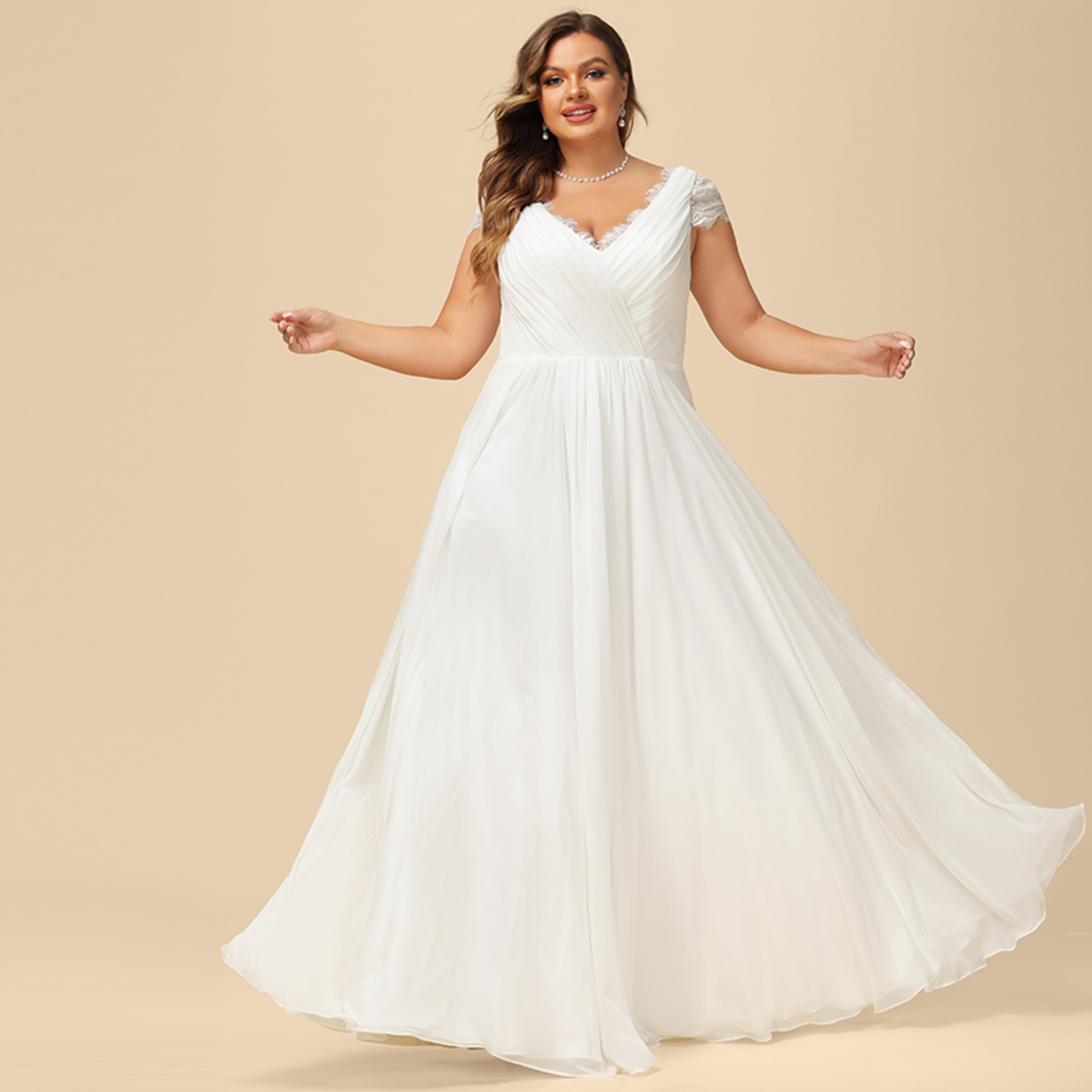 JJ's House A-line V-Neck Floor-Length Chiffon Lace Wedding Dress 2026 With Ruffle - Size: 22, Ivory, White. Plus Size Available.