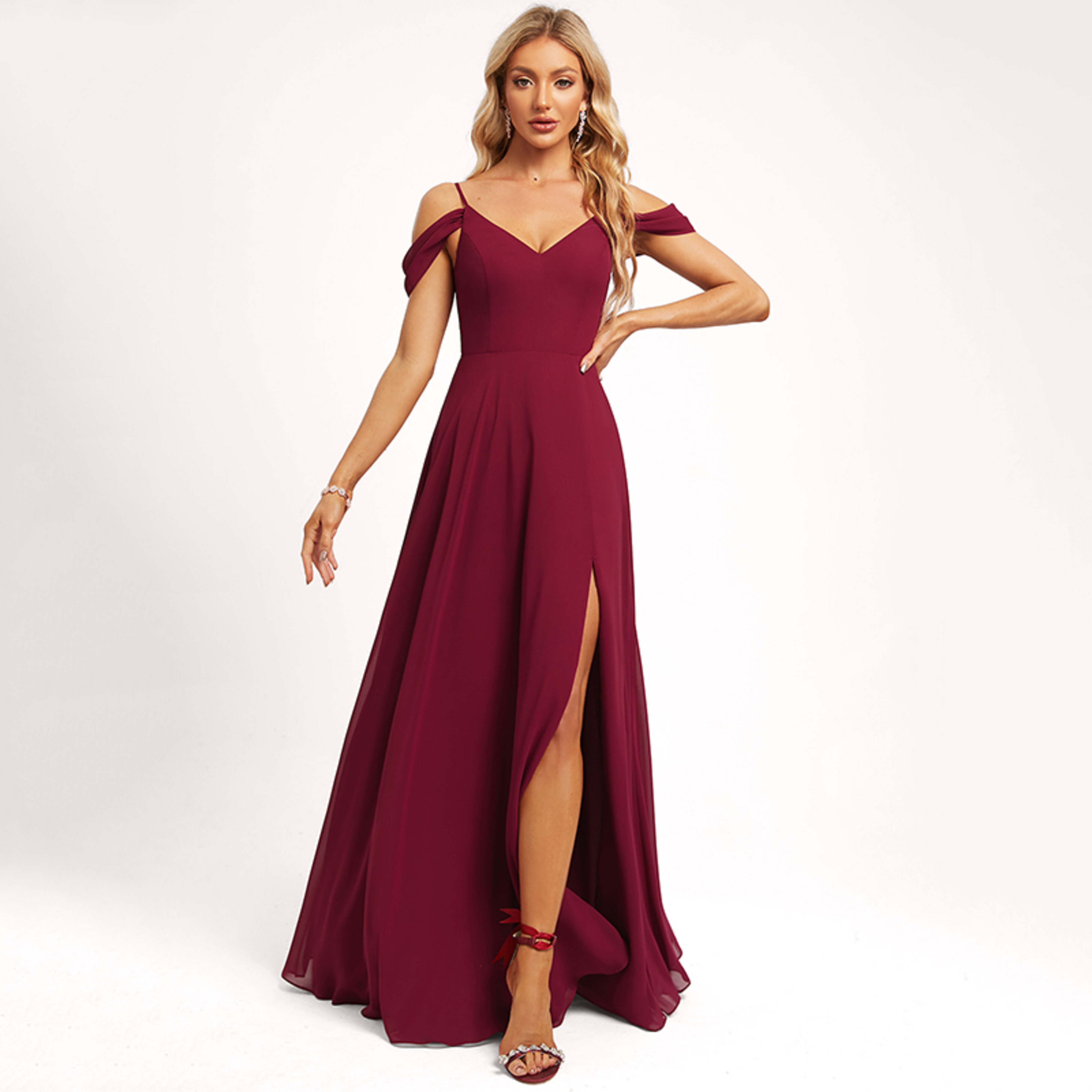 jjshouse red bridesmaid dresses JJ's House A-line Cold Shoulder V-Neck Floor-Length Chiffon Dress 2026 line Chiffon Bridesmaid Dress