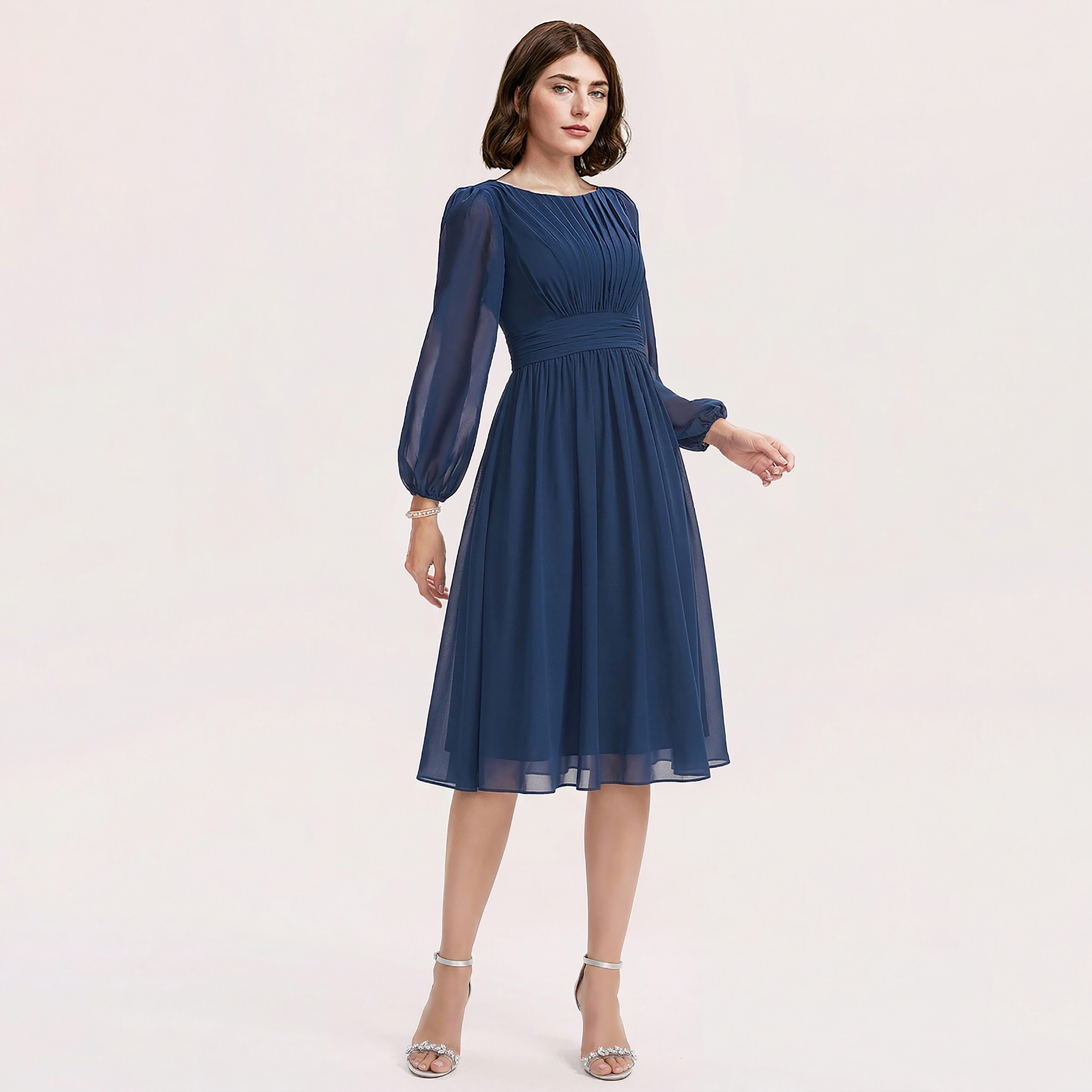 navy blue knee length chiffon dress Sanovia A-line Bridesmaid elegant knee length cocktail dress